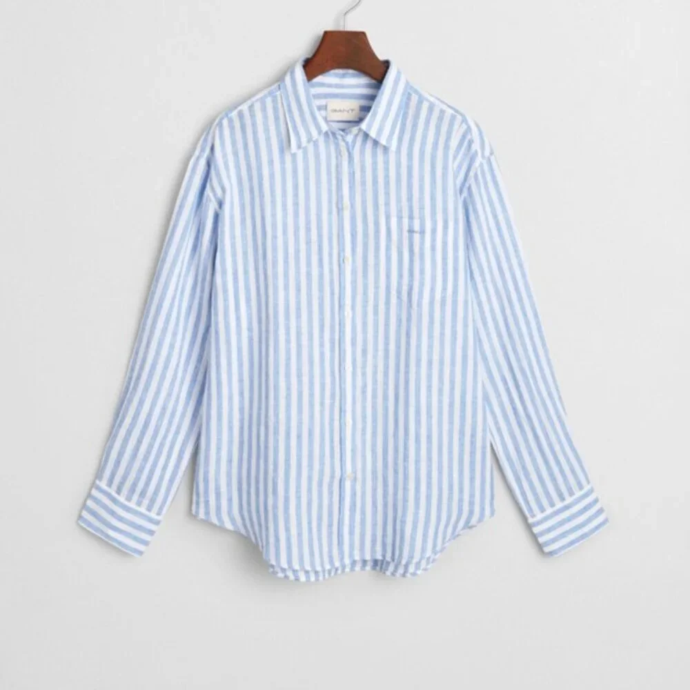 Gant Women's Linen Striped Relaxed Fit Long Sleeves Perfect Blue Shirt size US 6 - Picture 1 of 6